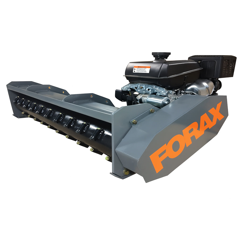 “FORAX GP40 40-inch gas-powered mulcher attachment for tractors and UTVs shown in front angle view.”