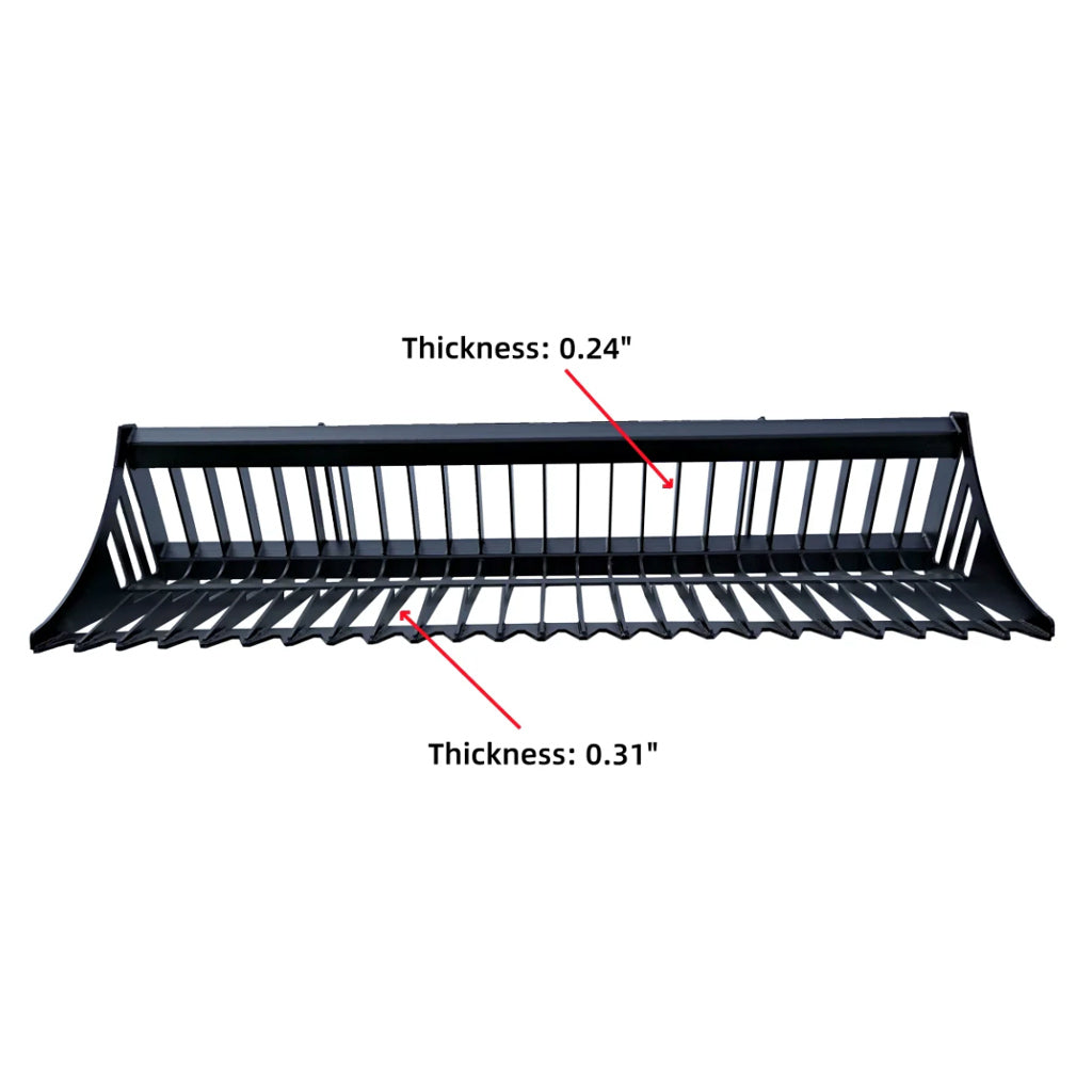 Front view of Greatbear skid steer rock bucket showing 0.24 inch and 0.31 inch tine thickness measurements