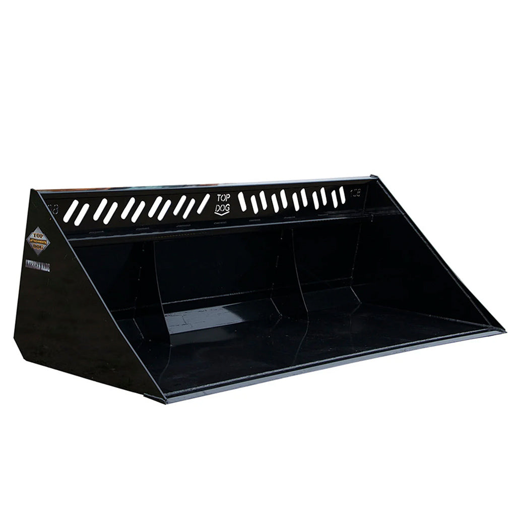 Deep profile snow bucket showing 40 inch inside and 46 inch overall depth for high capacity.