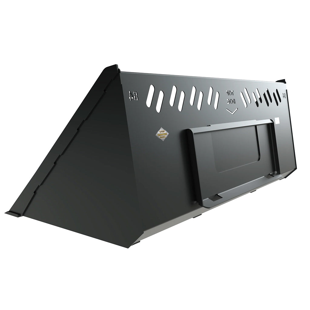 Skid steer snow bucket designed for commercial stacking and back-dragging.