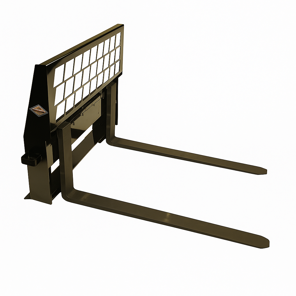 Standard-duty pallet fork attachment for skid steers and tractors with reinforced frame and safety backrest, displayed on a white background