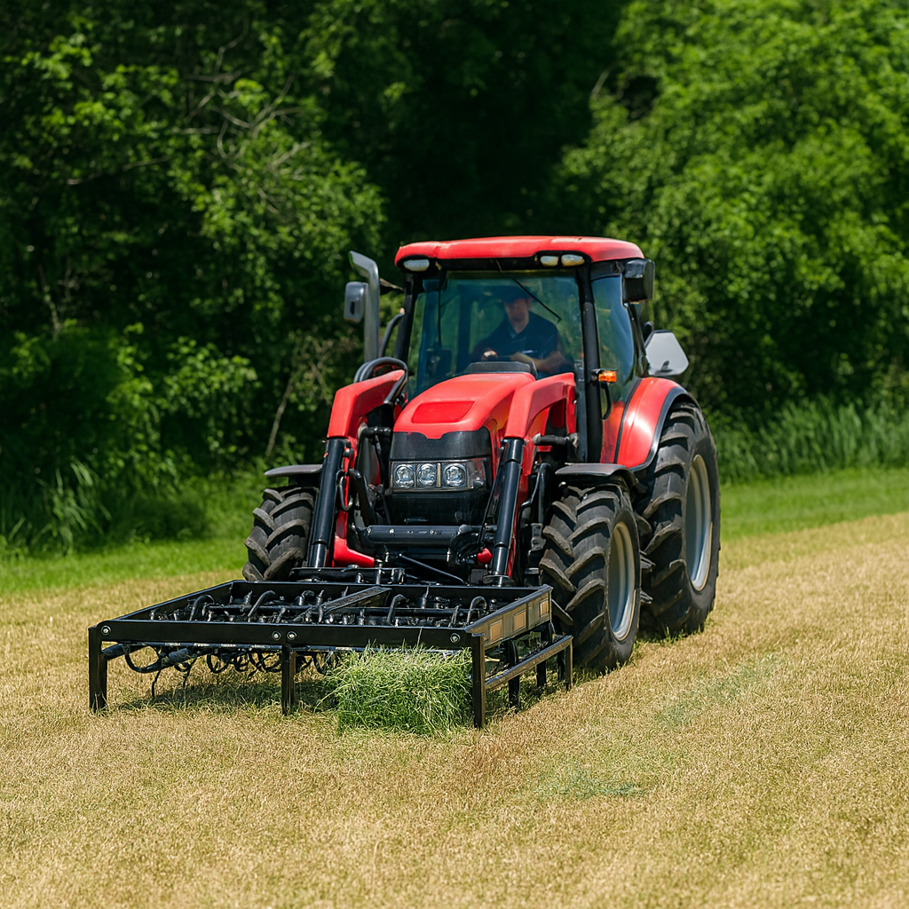 Red tractor with a attachment on a grassy field