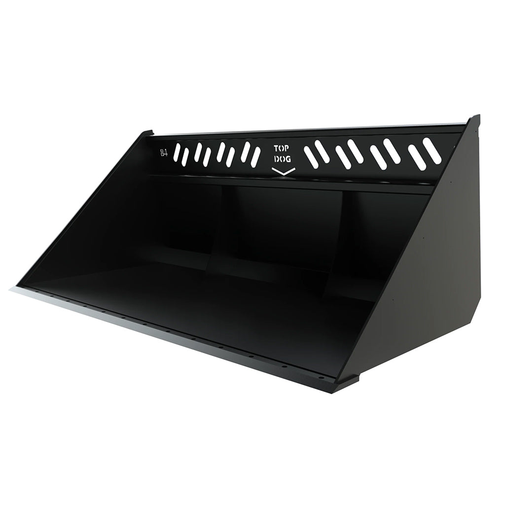 Top Dog snow bucket for skid steers in 84 to 108 inch widths, powder-coated GR50 steel.