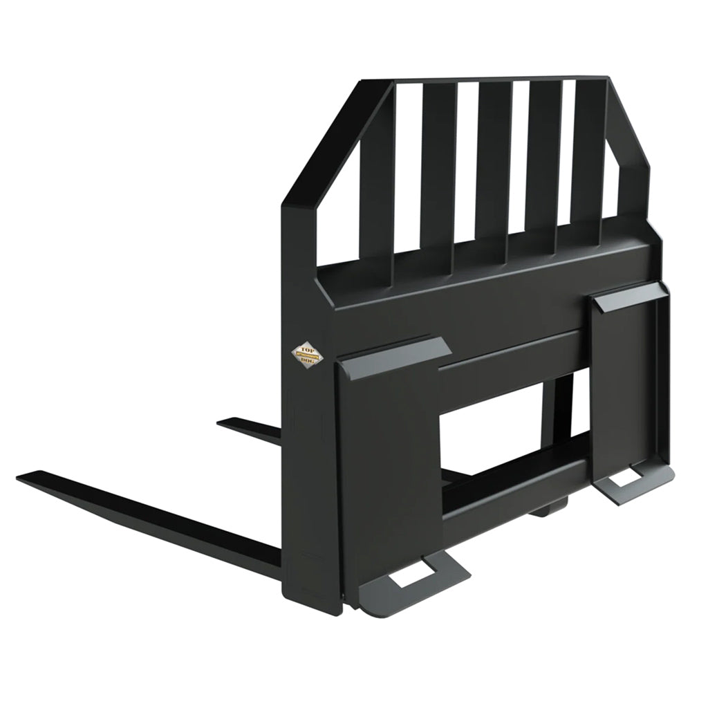 Skid steer using Top Dog heavy-duty pallet forks to lift and move logs outdoors, demonstrating load capacity and stability.