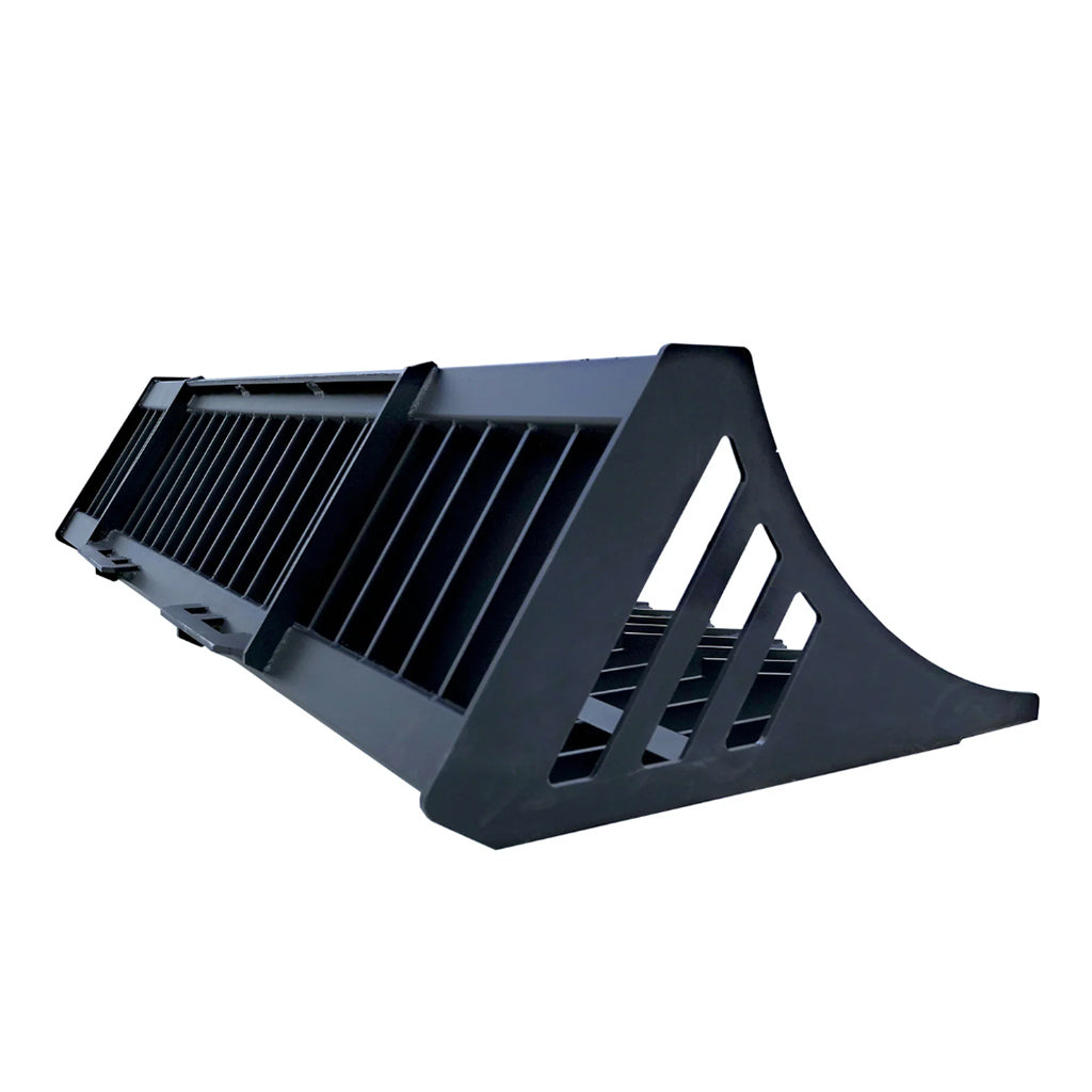 Side angle view of Greatbear skid steer rock bucket attachment on white background