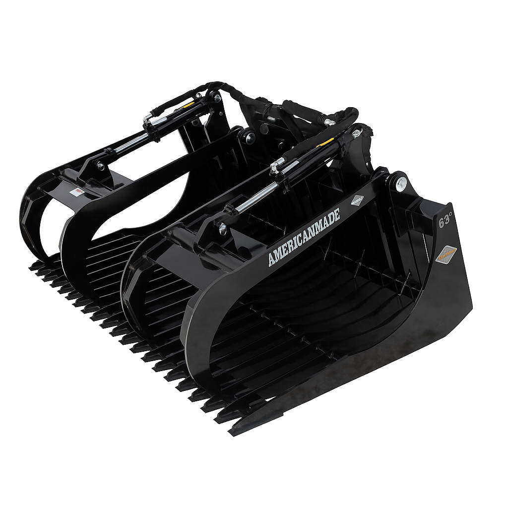 Heavy-duty skid steer brush grapple attachments available in 62 inch and 82 inch sizes